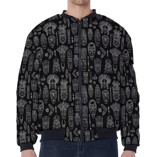 Black And White Totem Pattern Print Zip Sleeve Bomber Jacket