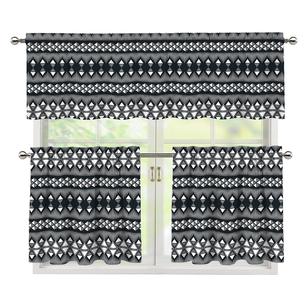 Black And White Tribal Geometric Print 3 Piece Kitchen Curtains