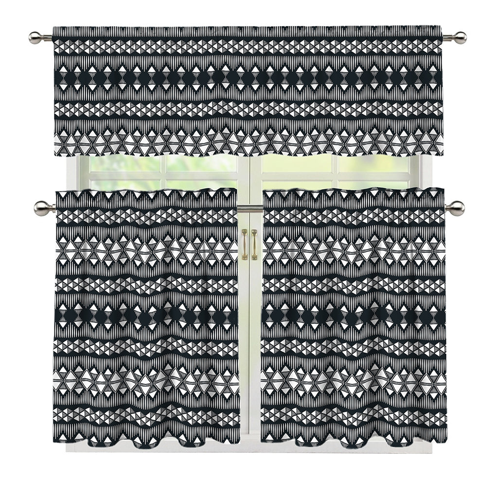 Black And White Tribal Geometric Print 3 Piece Kitchen Curtains