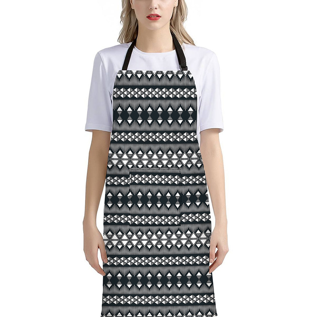 Black And White Tribal Geometric Print Bib Apron With Pocket