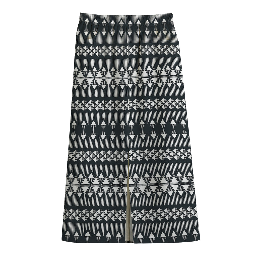 Black And White Tribal Geometric Print Cotton Front Slit Maxi Skirt