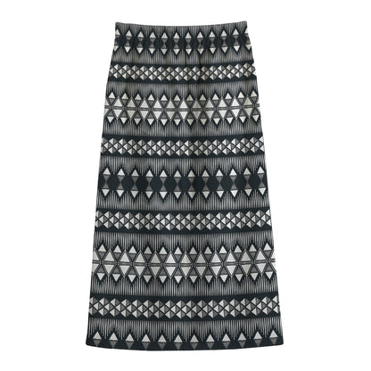 Black And White Tribal Geometric Print Cotton Front Slit Maxi Skirt