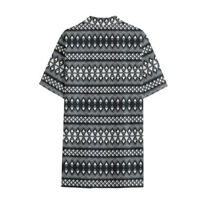 Black And White Tribal Geometric Print Cotton Hawaiian Shirt