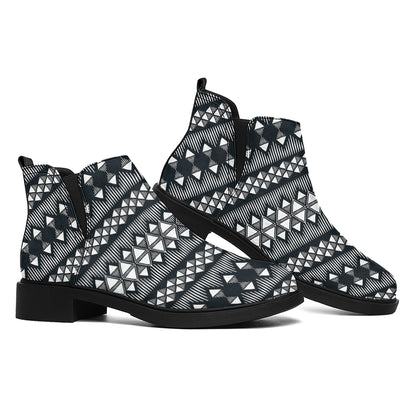 Black And White Tribal Geometric Print Flat Ankle Boots