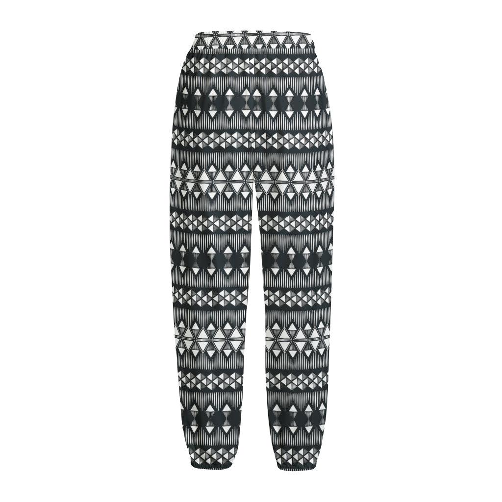 Black And White Tribal Geometric Print Fleece Lined Knit Pants