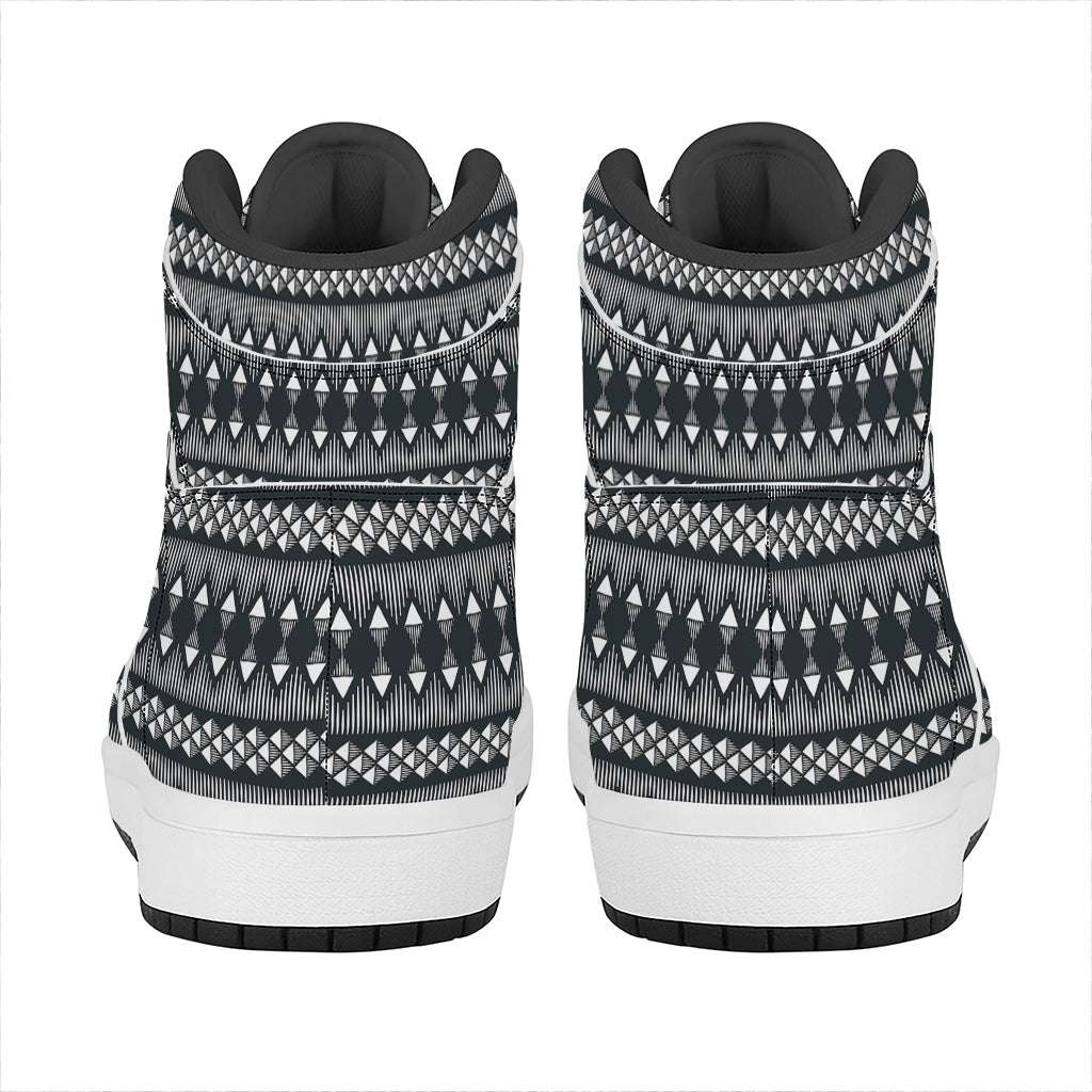 Black And White Tribal Geometric Print High Top Leather Sneakers