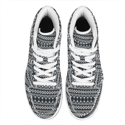 Black And White Tribal Geometric Print High Top Leather Sneakers