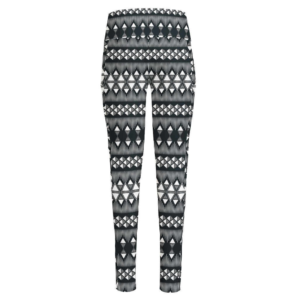 Black And White Tribal Geometric Print High-Waisted Pocket Leggings