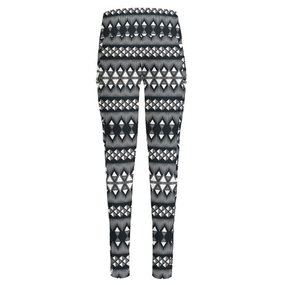 Black And White Tribal Geometric Print High-Waisted Pocket Leggings