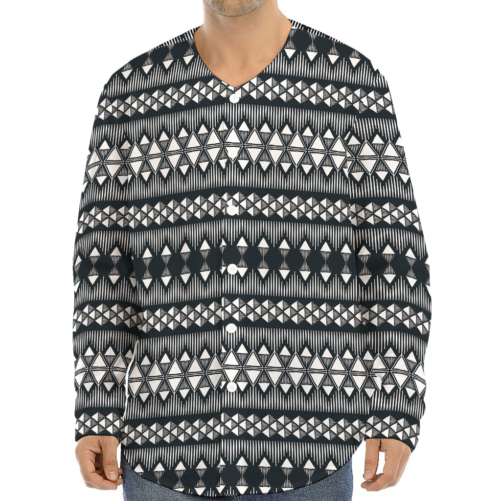 Black And White Tribal Geometric Print Long Sleeve Baseball Jersey