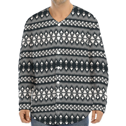 Black And White Tribal Geometric Print Long Sleeve Baseball Jersey