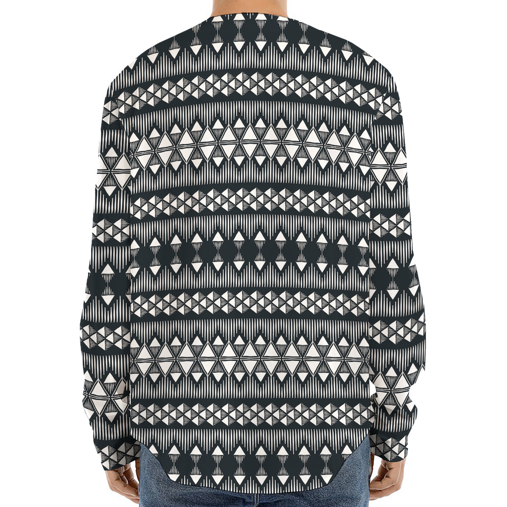 Black And White Tribal Geometric Print Long Sleeve Baseball Jersey