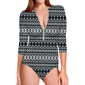 Black And White Tribal Geometric Print Long Sleeve Swimsuit