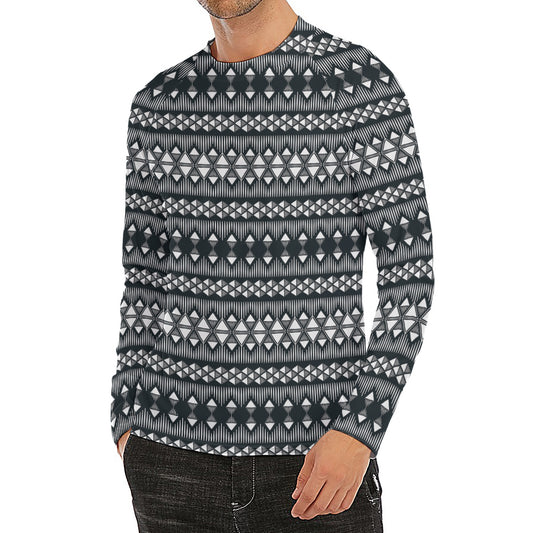 Black And White Tribal Geometric Print Men's Long Sleeve Rash Guard