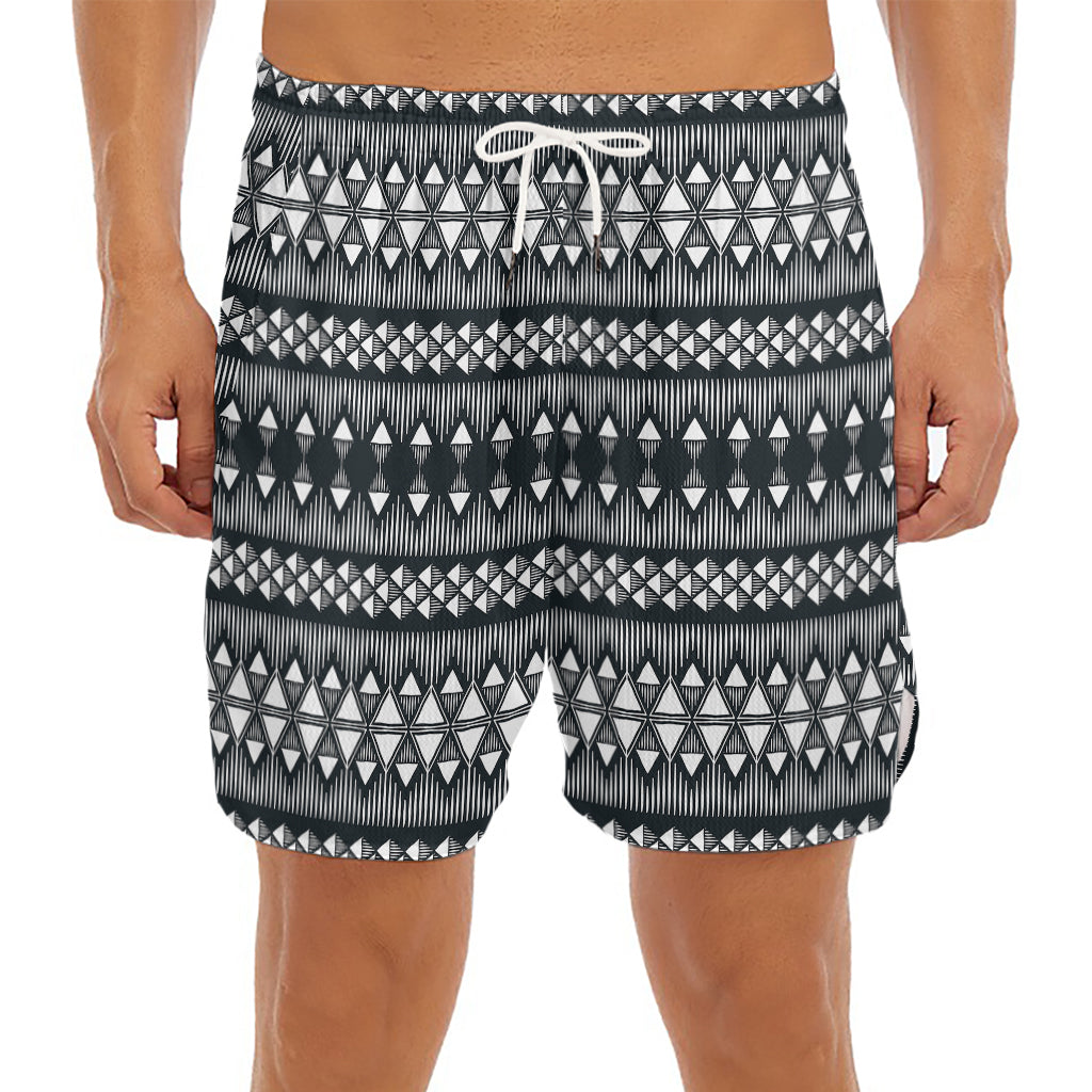 Black And White Tribal Geometric Print Men's Split Running Shorts