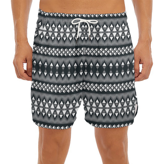 Black And White Tribal Geometric Print Men's Split Running Shorts