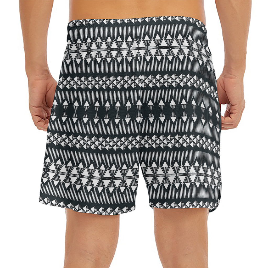Black And White Tribal Geometric Print Men's Split Running Shorts