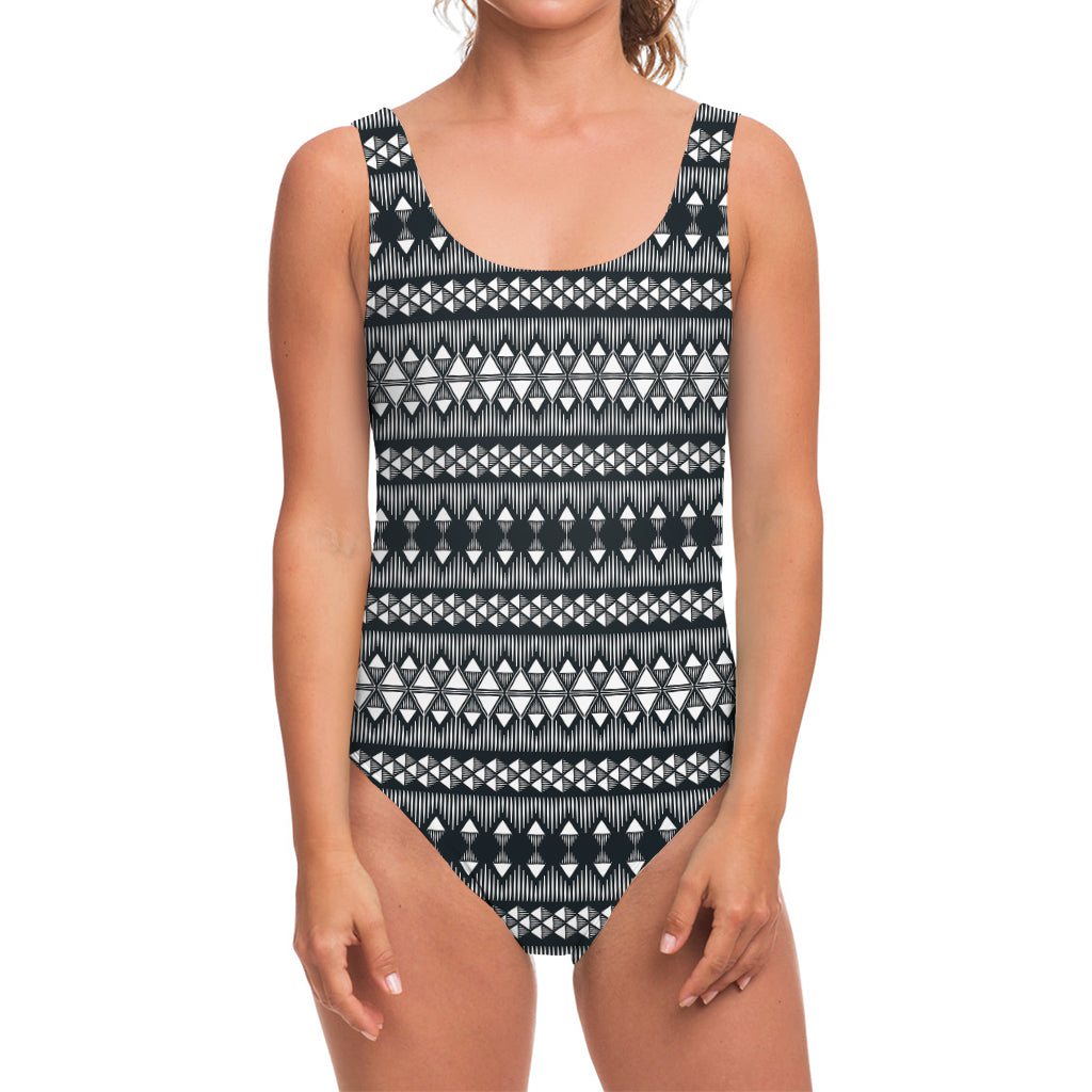 Black And White Tribal Geometric Print One Piece Swimsuit