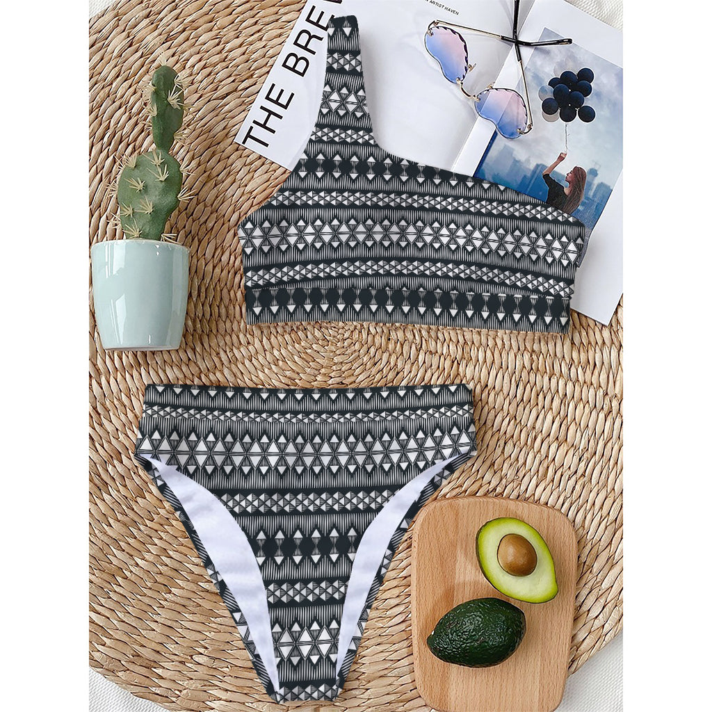 Black And White Tribal Geometric Print One Shoulder Bikini Top