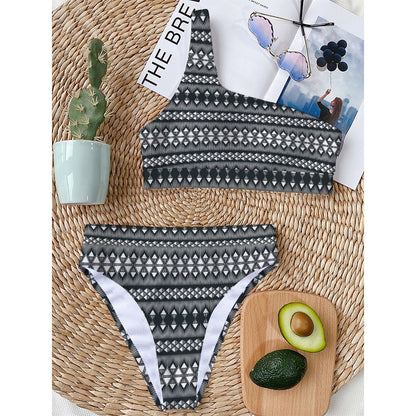 Black And White Tribal Geometric Print One Shoulder Bikini Top
