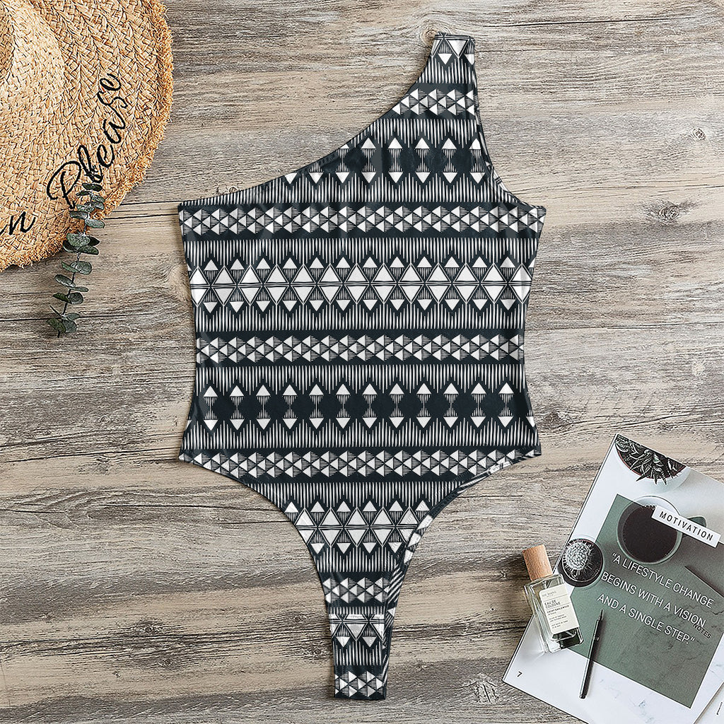 Black And White Tribal Geometric Print One Shoulder Bodysuit