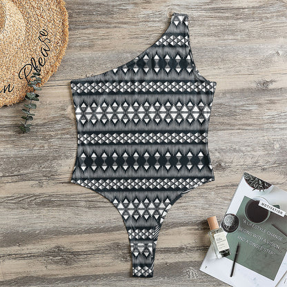 Black And White Tribal Geometric Print One Shoulder Bodysuit