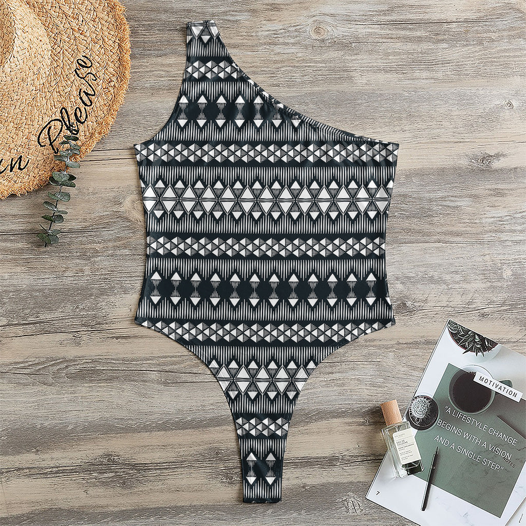 Black And White Tribal Geometric Print One Shoulder Bodysuit