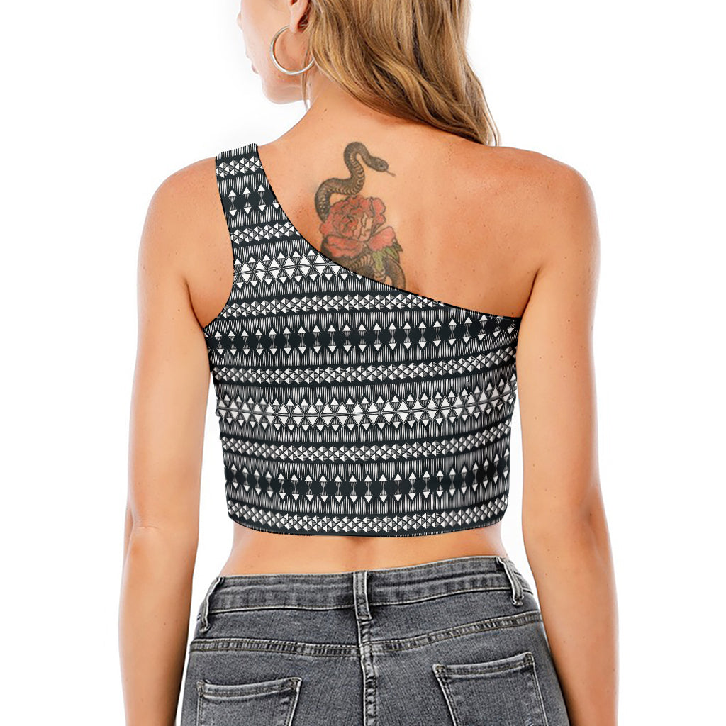 Black And White Tribal Geometric Print One Shoulder Crop Top