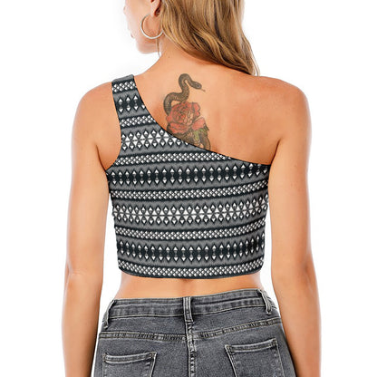 Black And White Tribal Geometric Print One Shoulder Crop Top