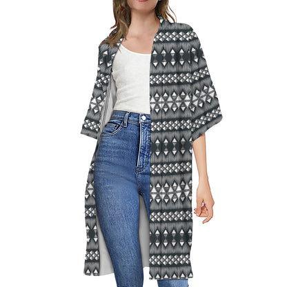 Black And White Tribal Geometric Print Open Front Beach Cover Up