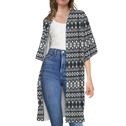 Black And White Tribal Geometric Print Open Front Beach Cover Up