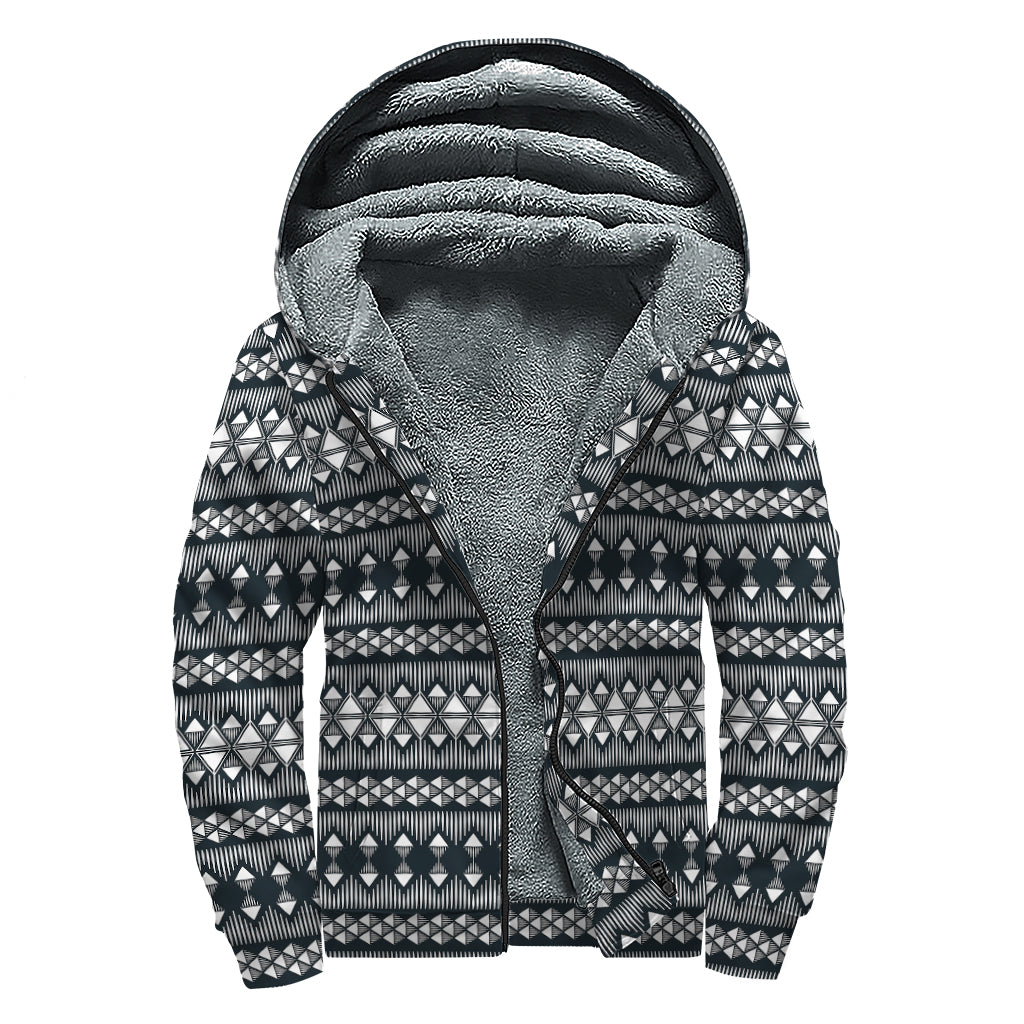 Black And White Tribal Geometric Print Sherpa Lined Zip Up Hoodie