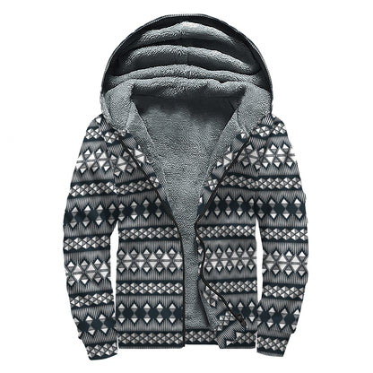Black And White Tribal Geometric Print Sherpa Lined Zip Up Hoodie