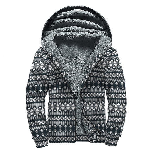 Black And White Tribal Geometric Print Sherpa Lined Zip Up Hoodie