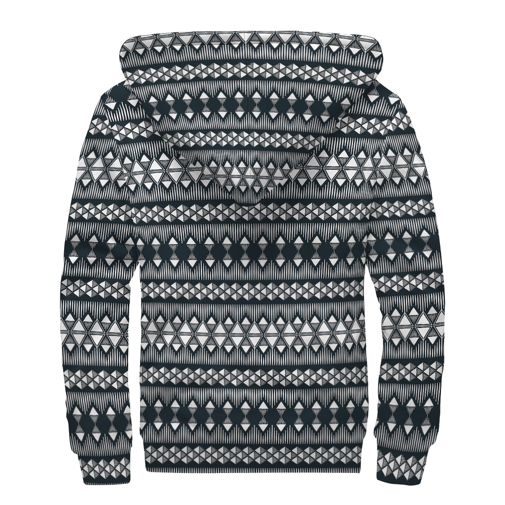 Black And White Tribal Geometric Print Sherpa Lined Zip Up Hoodie