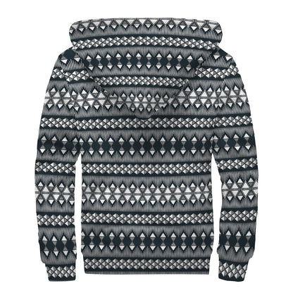Black And White Tribal Geometric Print Sherpa Lined Zip Up Hoodie