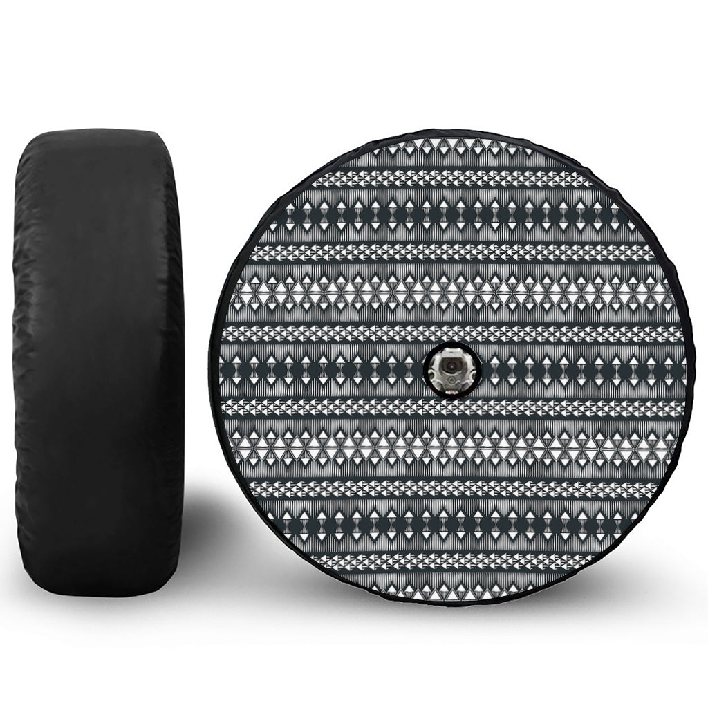 Black And White Tribal Geometric Print Tire Cover With Camera Hole