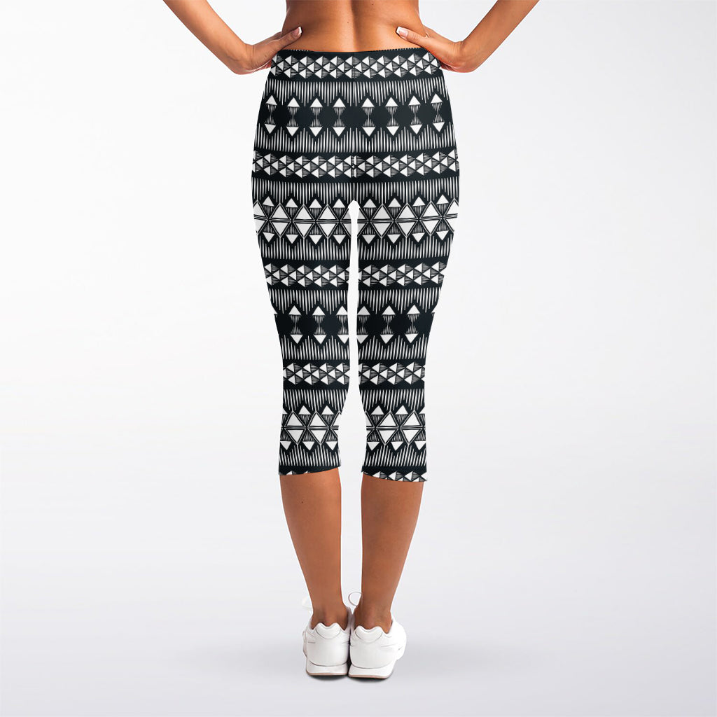 Black And White Tribal Geometric Print Women's Capri Leggings
