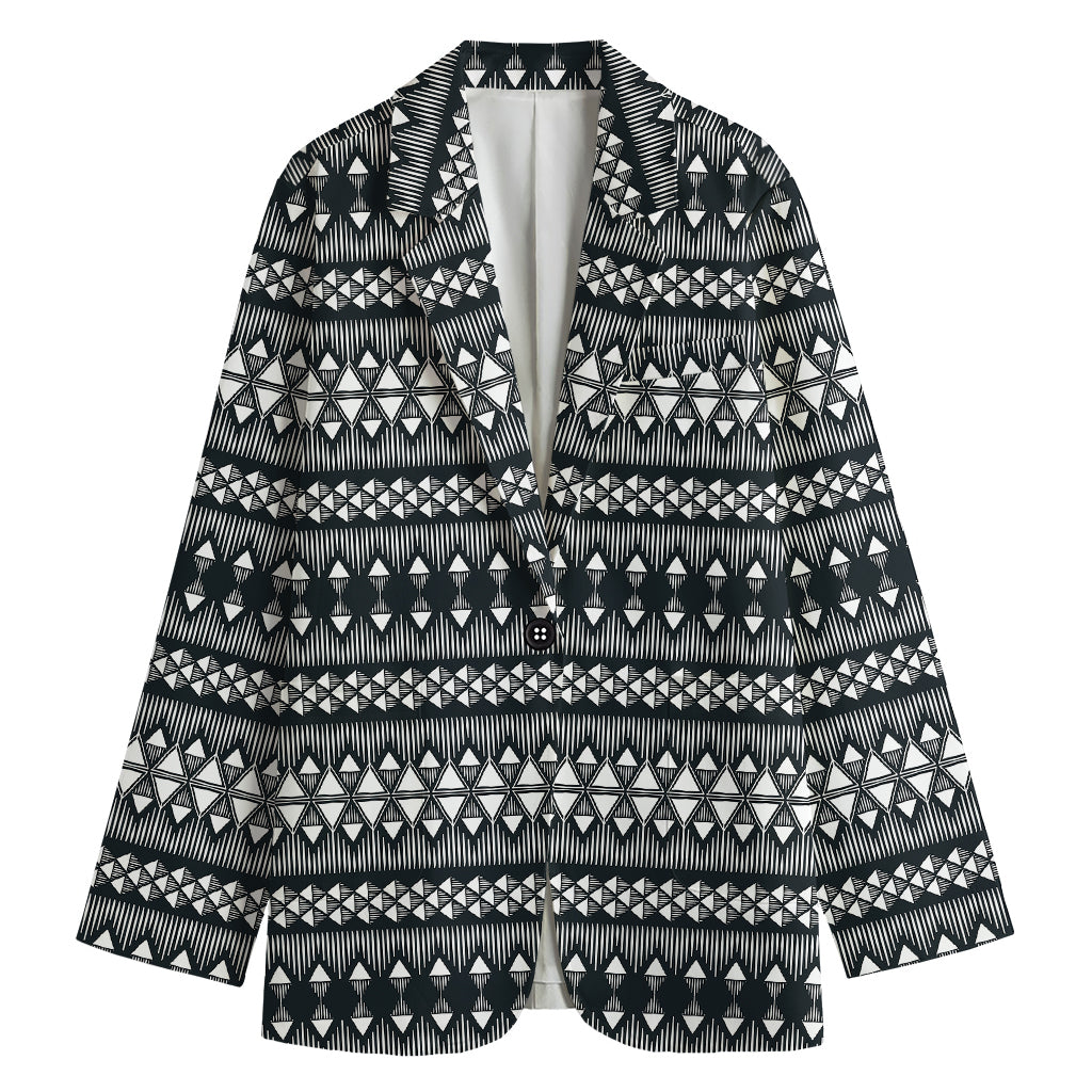 Black And White Tribal Geometric Print Women's Cotton Blazer