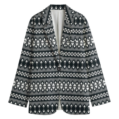 Black And White Tribal Geometric Print Women's Cotton Blazer