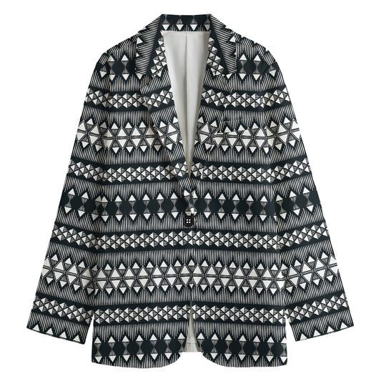 Black And White Tribal Geometric Print Women's Cotton Blazer