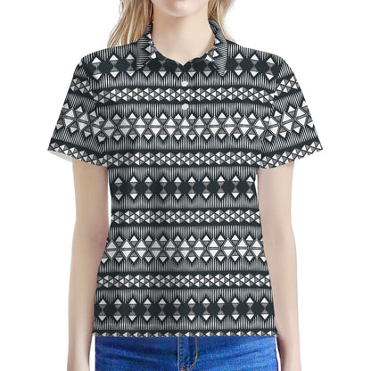 Black And White Tribal Geometric Print Women's Polo Shirt