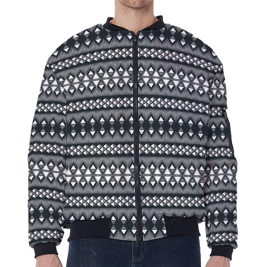 Black And White Tribal Geometric Print Zip Sleeve Bomber Jacket