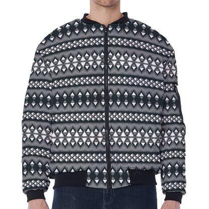 Black And White Tribal Geometric Print Zip Sleeve Bomber Jacket