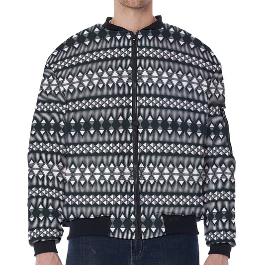 Black And White Tribal Geometric Print Zip Sleeve Bomber Jacket