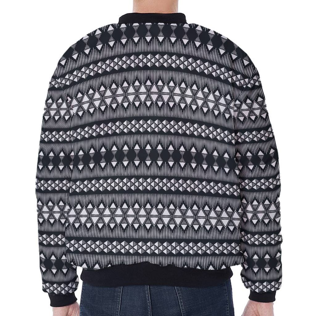 Black And White Tribal Geometric Print Zip Sleeve Bomber Jacket