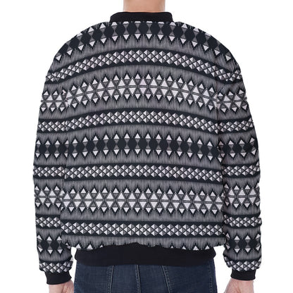 Black And White Tribal Geometric Print Zip Sleeve Bomber Jacket