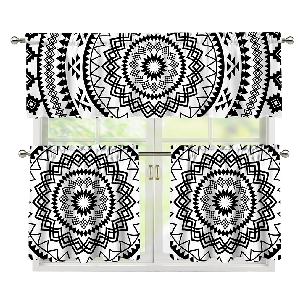 Black And White Tribal Mandala Print 3 Piece Kitchen Curtains