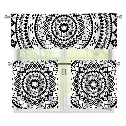 Black And White Tribal Mandala Print 3 Piece Kitchen Curtains