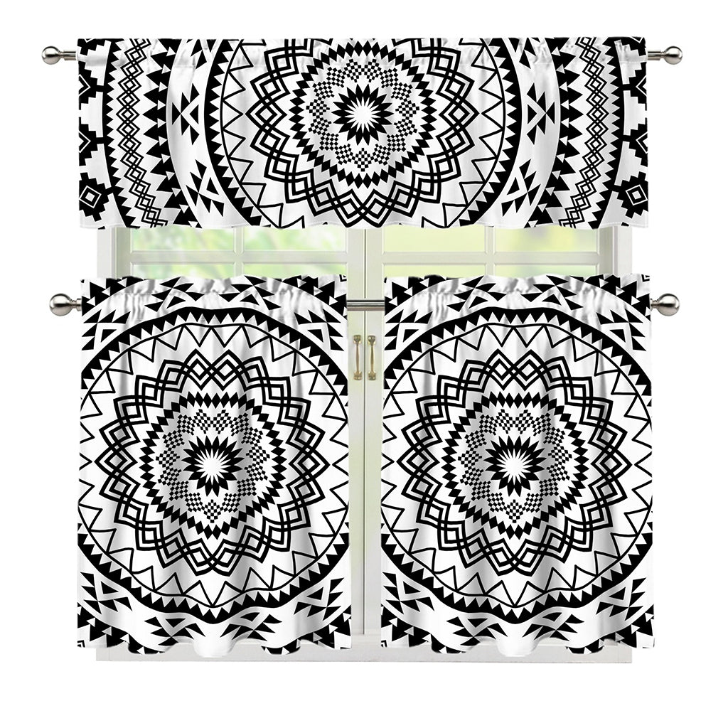 Black And White Tribal Mandala Print 3 Piece Kitchen Curtains